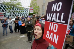 Protesta contra veto migratorio de Trump.