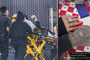 De acuerdo con The Grosby Group, Kourtney Kardashian (mujer con capucha) acompañó a Travis Barker al hospital. A la derecha, la nueva foto que publicó Alabama Barker.