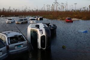 Cars are seen in a flooded parking lot in a facility next to the Leonard M. Thompson International Airport after hurricane Dorian hit the Abaco Islands in Marsh Harbour