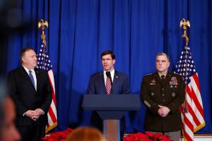 U.S. Defense Secretary Mark Esper speaks about airstrikes by the U.S. military in Iraq and Syria, at the Mar-a-Lago resort in Palm Beach