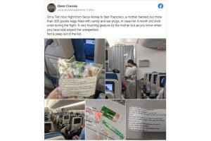Mamá reparte tapones para los oídos y dulces a pasajeros de avión como disculpa por el llanto de su bebé