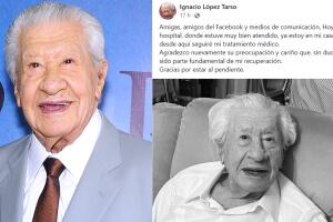 A la derecha, la foto con la que Ignacio López Tarso reapareció tras haber sido internado por neumonía. 