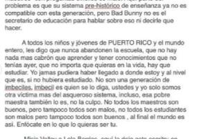 Carta de Bad Bunny a maestra. Octubre 2018. 