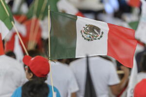 Una mujer con una bandera de México en el cierre de campaña del oficialista José Antonio Meade.