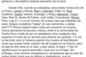 Carta de Bad Bunny a maestra. Octubre 2018. 