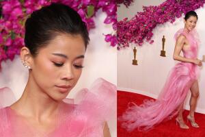 La actriz Leah Lewis, de la nominada película 'Elemental', se decidió por este tipo de vestido rosa.  