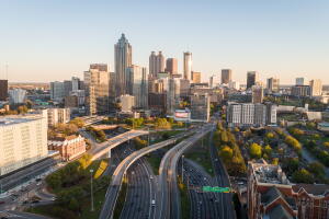 Aerial shot over the downtown connector during sunset.