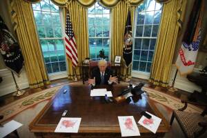 U.S. President Donald Trump speaks during an interview with Reuters in the Oval Office of the White House in Washington